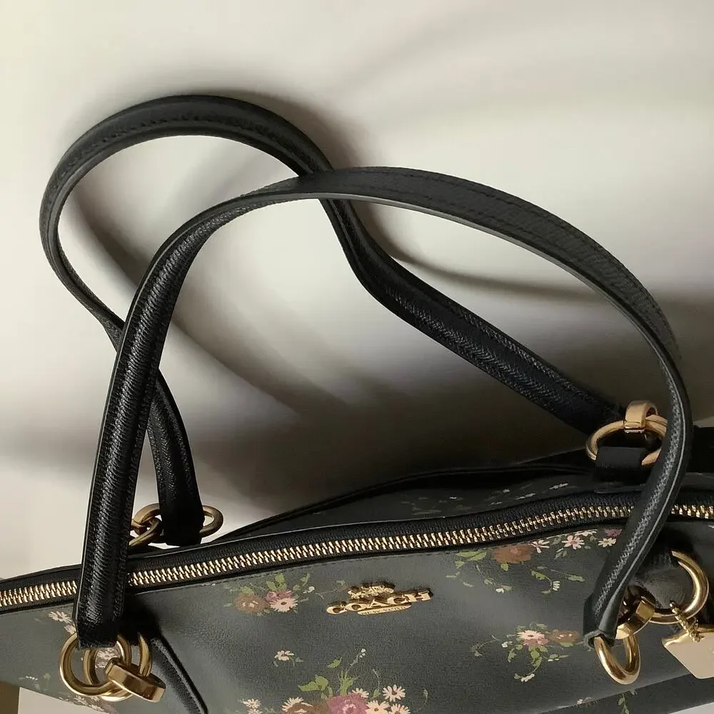 Coach Ava Crossgrain Leather Tote Bag Midnight Blue Delicate Floral Bundle Print